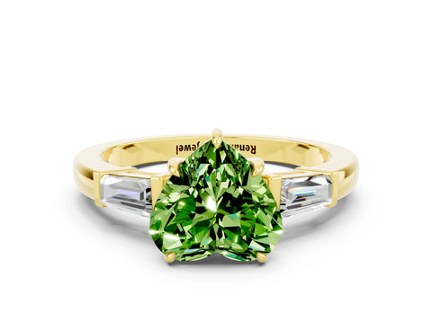 Yellow gold Heart Cut Cut Diamond Ring with Tapered Baguette Side Stones in Four-Prong Setting