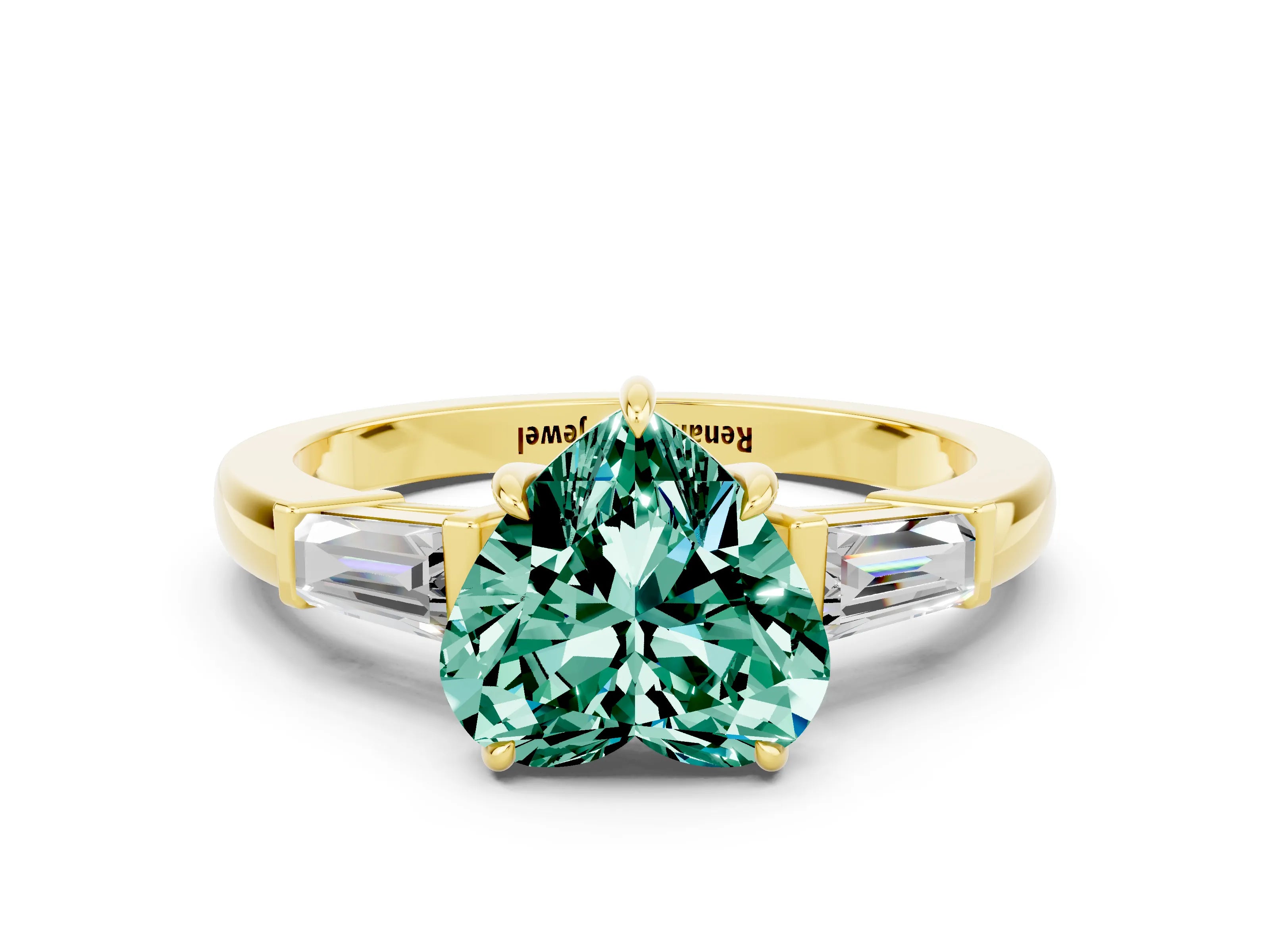 Yellow gold Heart Cut Cut Diamond Ring with Tapered Baguette Side Stones in Four-Prong Setting
