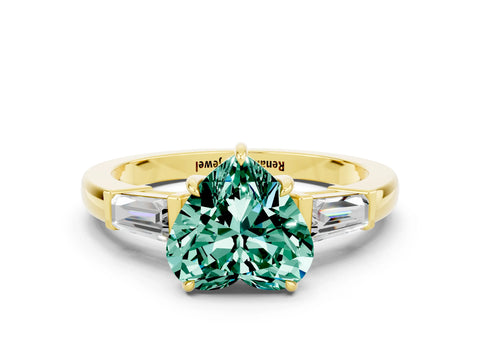 Yellow gold Heart Cut Cut Diamond Ring with Tapered Baguette Side Stones in Four-Prong Setting