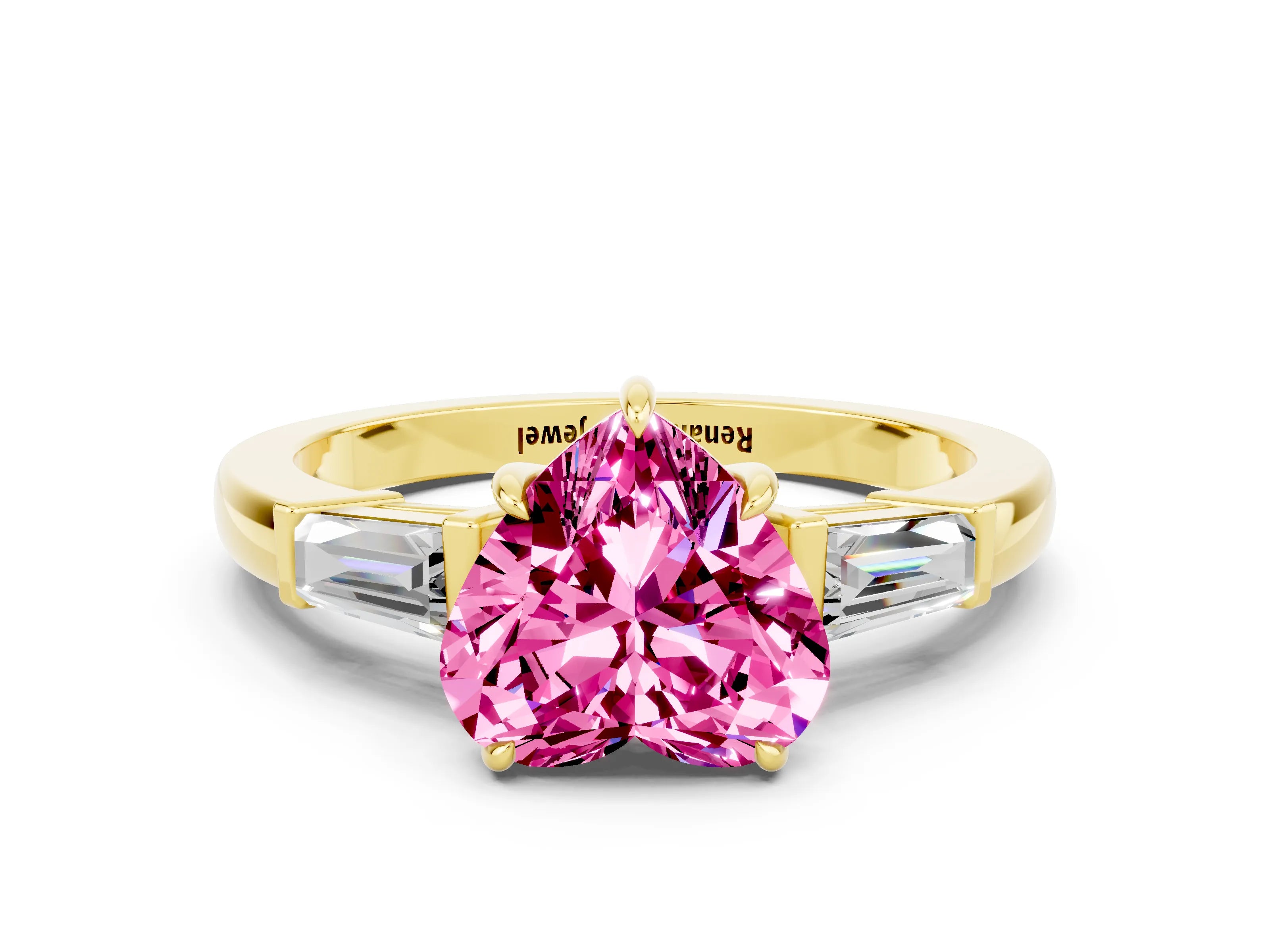 Yellow gold Heart Cut Cut Diamond Ring with Tapered Baguette Side Stones in Four-Prong Setting