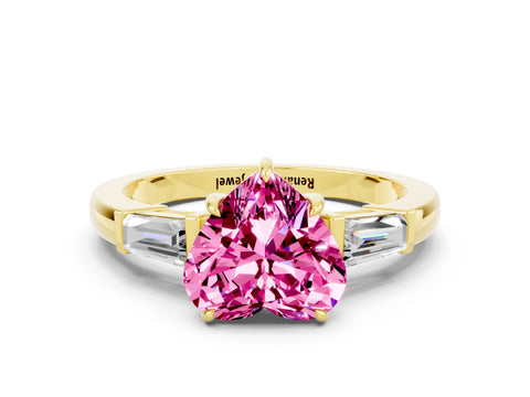Yellow gold Heart Cut Cut Diamond Ring with Tapered Baguette Side Stones in Four-Prong Setting