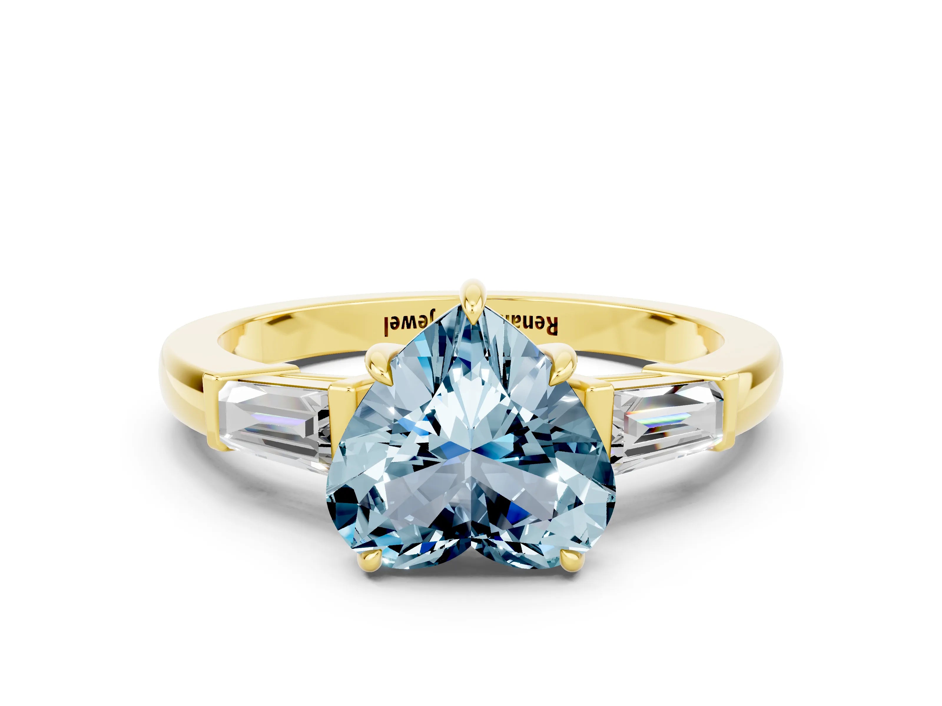 Yellow gold Heart Cut Cut Diamond Ring with Tapered Baguette Side Stones in Four-Prong Setting