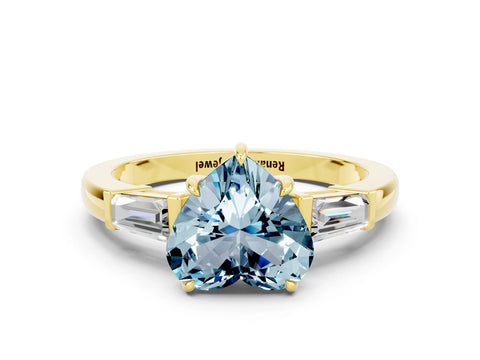 Yellow gold Heart Cut Cut Diamond Ring with Tapered Baguette Side Stones in Four-Prong Setting