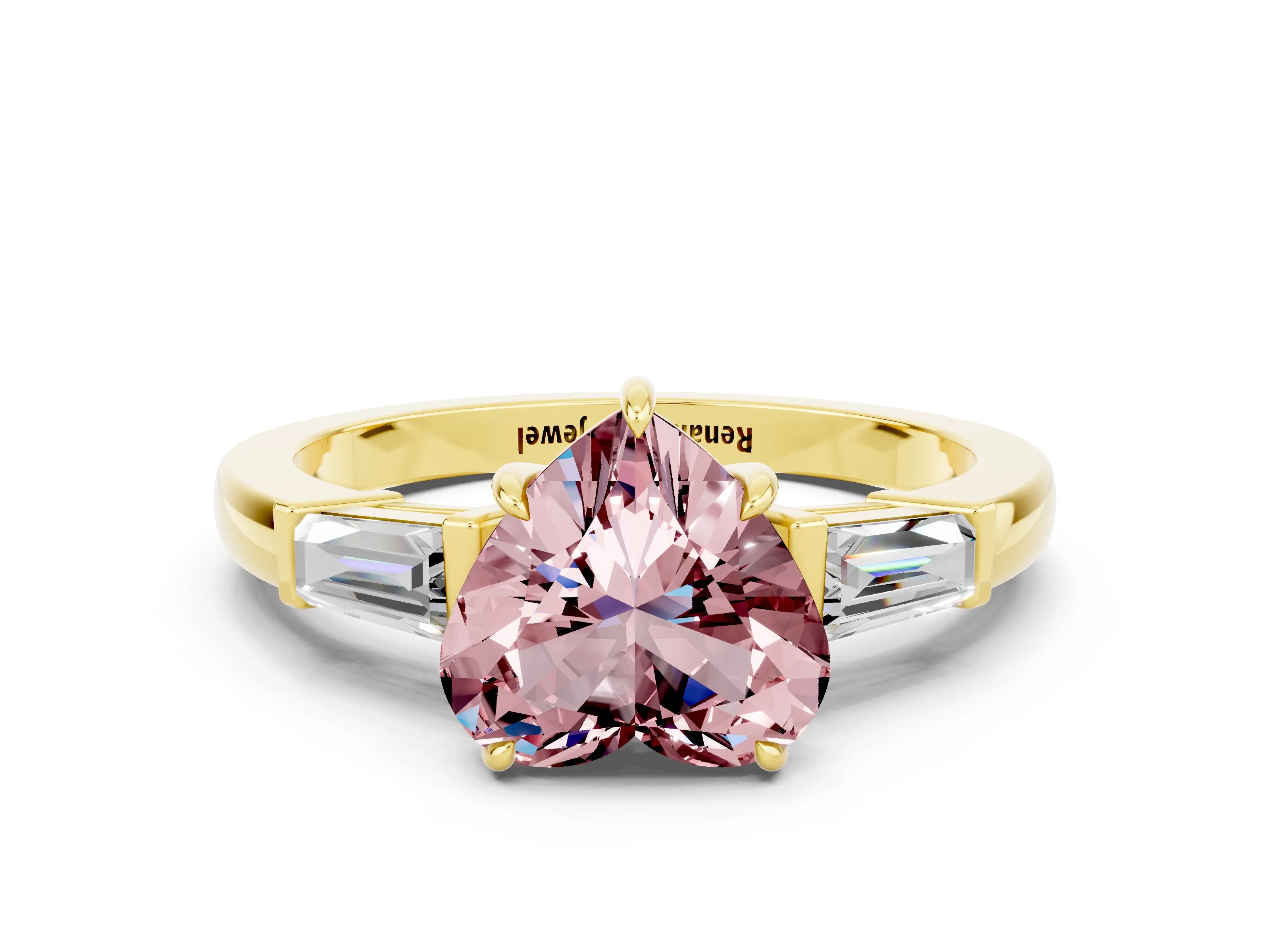 Yellow gold Heart Cut Cut Diamond Ring with Tapered Baguette Side Stones in Four-Prong Setting