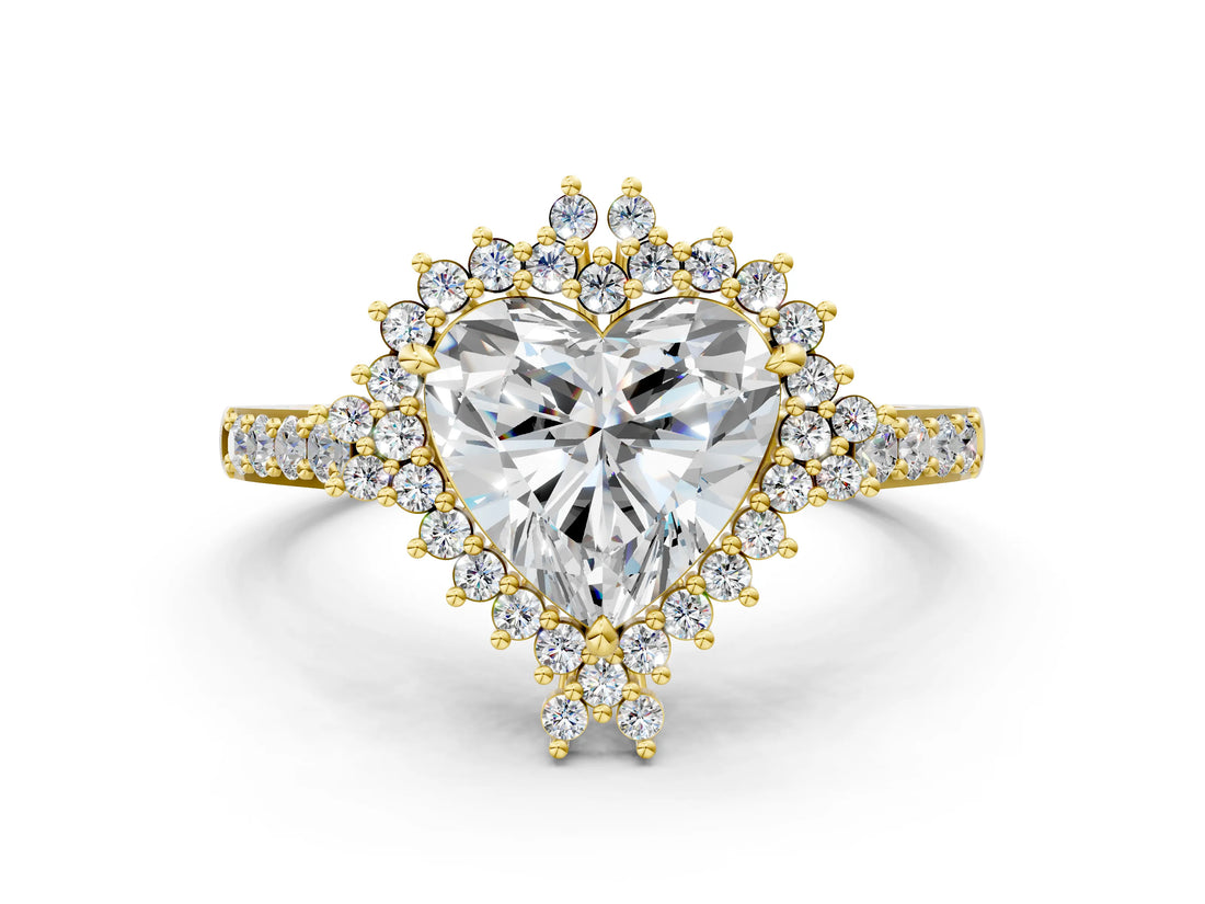Yellow gold Heart Cut Cut Diamond Sunburst Halo Engagement Ring with Pavé Band_3