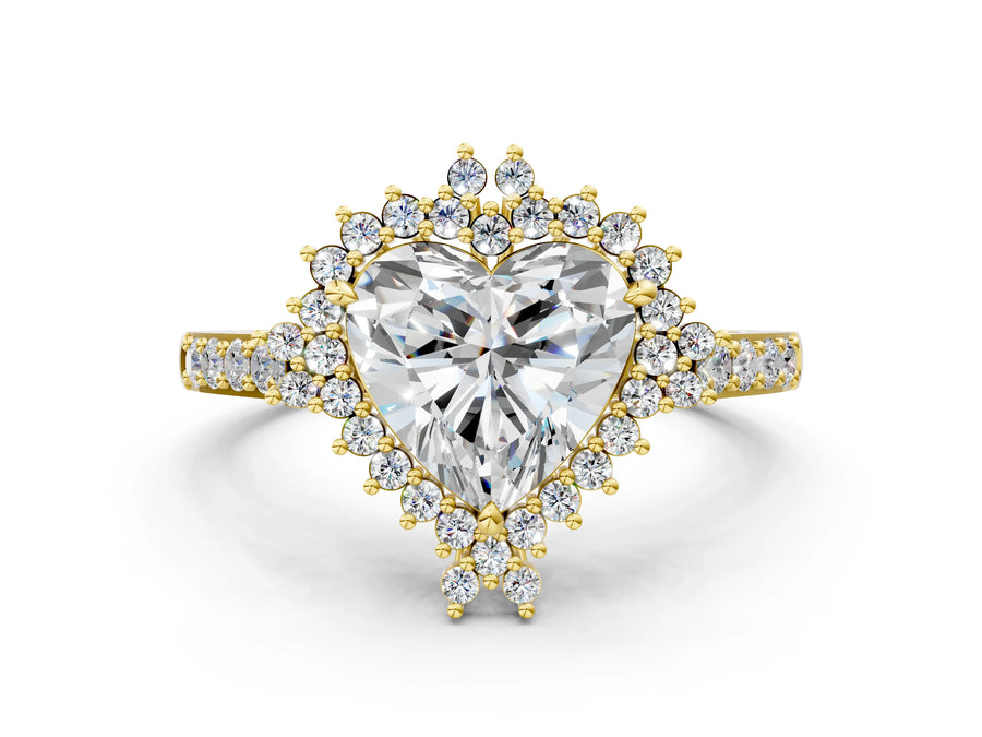 Yellow gold Heart Cut Cut Diamond Sunburst Halo Engagement Ring with Pavé Band