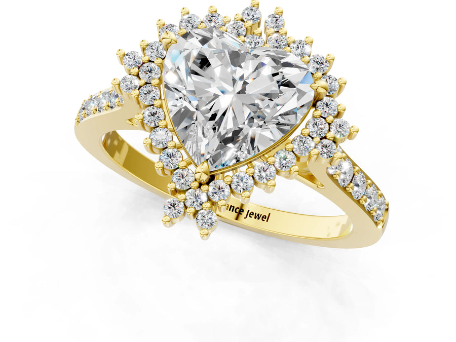 Yellow gold Heart Cut Cut Diamond Sunburst Halo Engagement Ring with Pavé Band