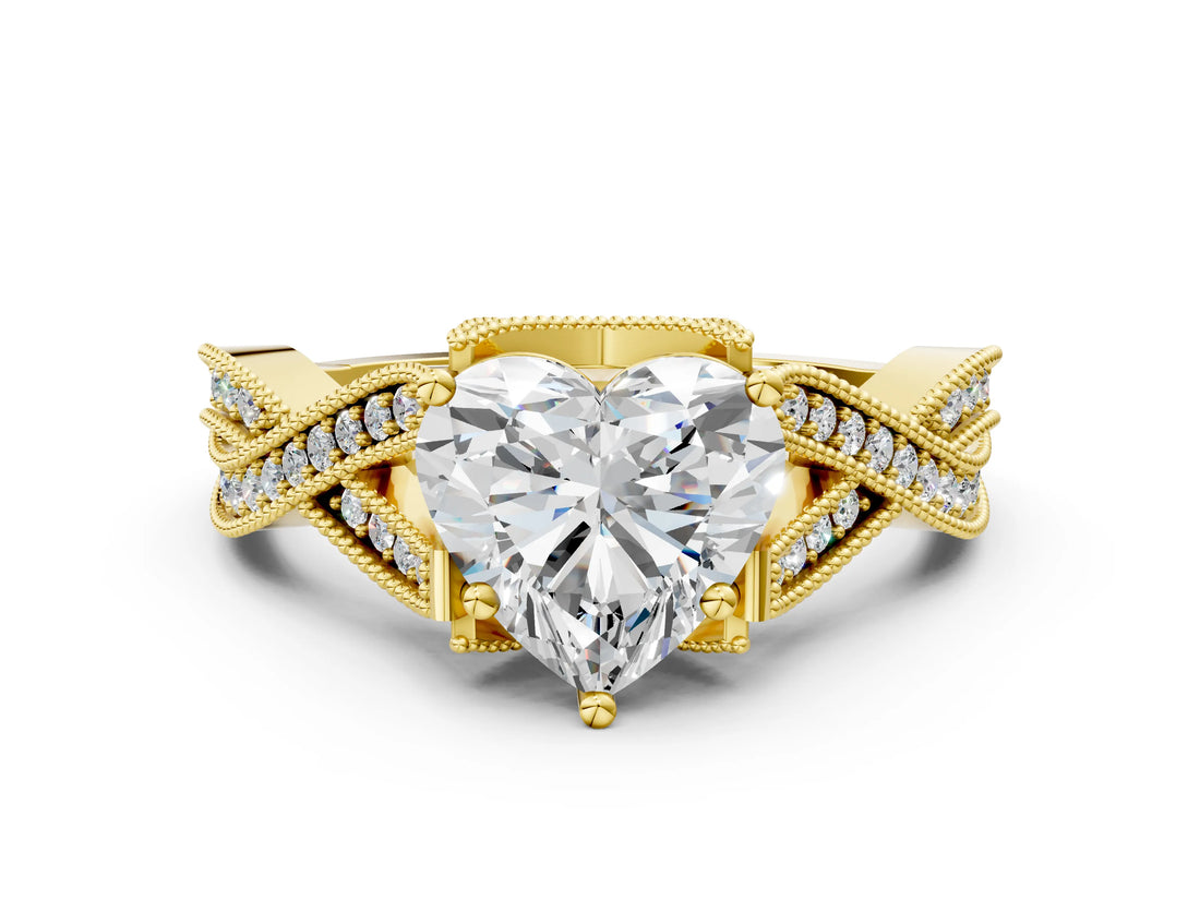 Yellow gold Heart Cut Cut Diamond Twisted Band with Milgrain Pave Setting and Four-Prong Setting_6