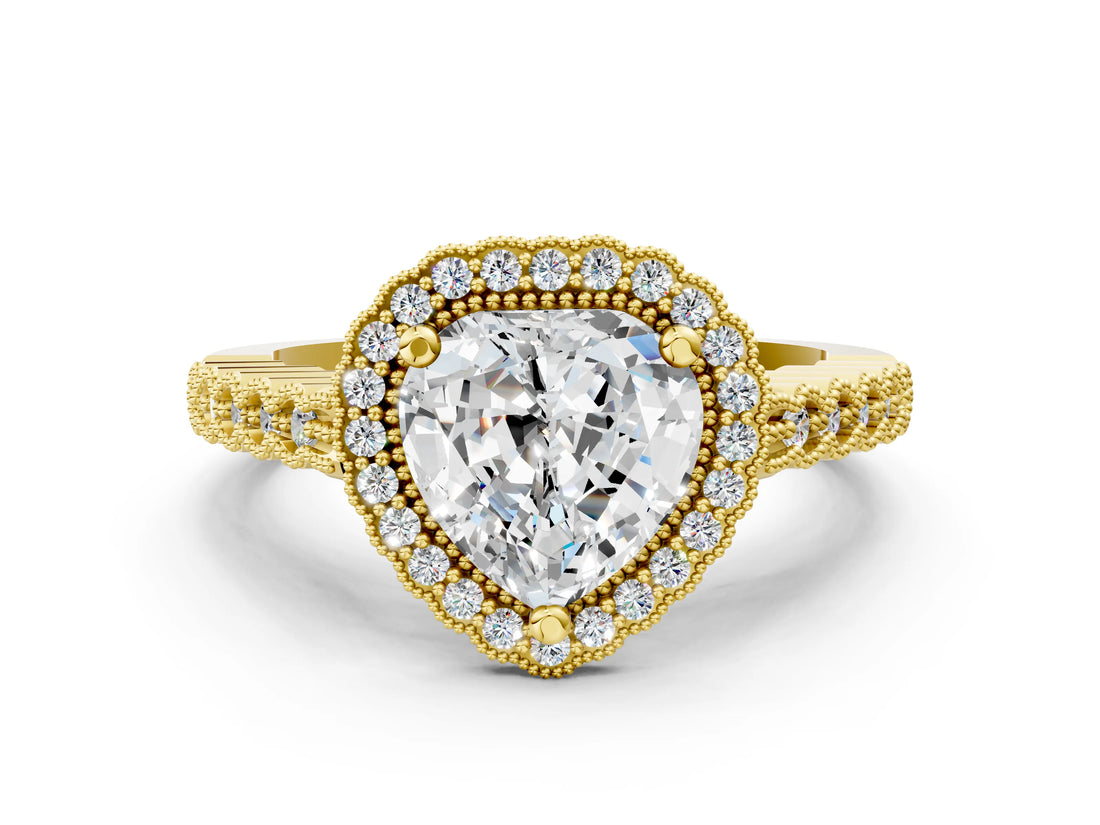 Yellow gold Heart Cut Cut Halo Pavé Solitaire Ring with Milgrain Band_7