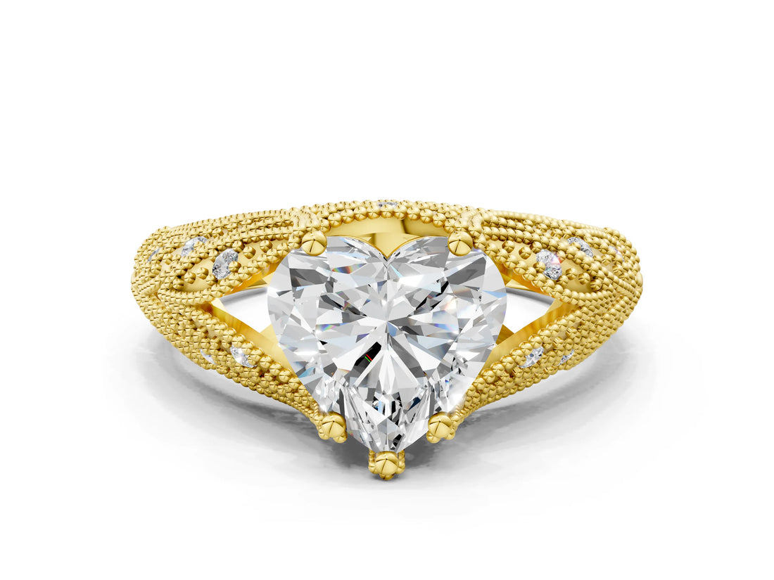 Yellow gold Heart Cut Cut Milgrain Pave Diamond Engagement Ring with Four-Prong Setting_3