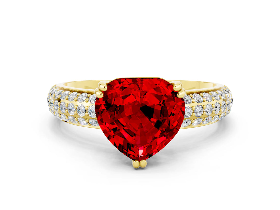Yellow gold Heart Cut Cut Pave Diamond Engagement Ring with Channel Set Band and Four-Prong Setting