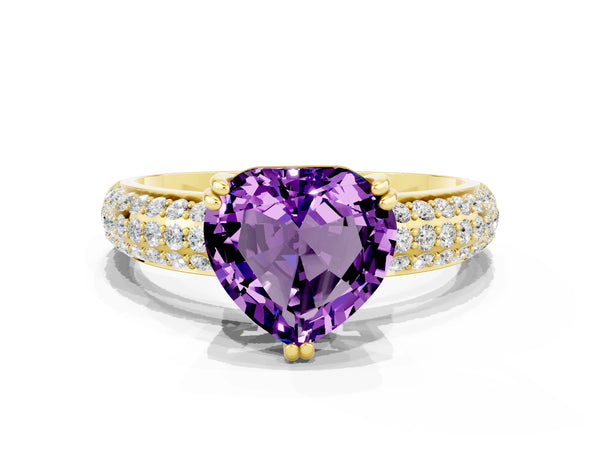 Yellow gold Heart Cut Amethyst Solitaire Ring with Multi-Row Round Pavé Band and Prong Setting