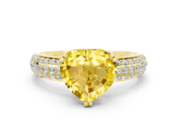Yellow gold Heart Cut Yellow Sapphire Solitaire Ring with Multi-Row Round Pavé Band and Prong Setting