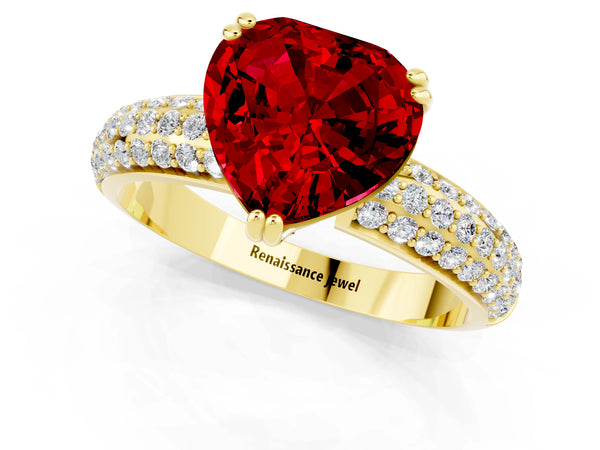 Yellow gold Heart Cut Cut Pave Diamond Engagement Ring with Channel Set Band and Four-Prong Setting
