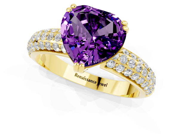 Yellow gold Heart Cut Amethyst Solitaire Ring with Multi-Row Round Pavé Band and Prong Setting