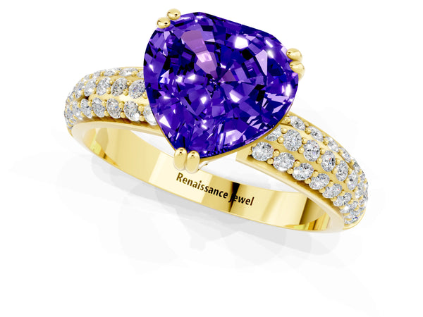 Yellow gold Heart Cut Tanzanite Solitaire Ring with Multi-Row Round Pavé Band and Prong Setting