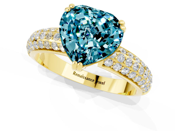 Yellow gold Heart Cut Cut Pave Diamond Engagement Ring with Channel Set Band and Four-Prong Setting