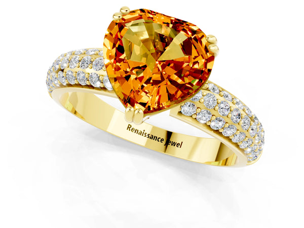 Yellow gold Heart Cut Citrine Solitaire Ring with Multi-Row Round Pavé Band and Prong Setting