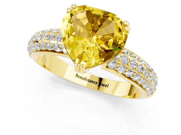 Yellow gold Heart Cut Yellow Sapphire Solitaire Ring with Multi-Row Round Pavé Band and Prong Setting