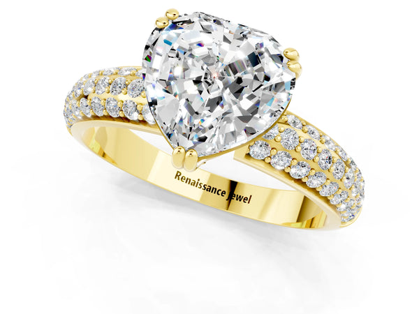 Yellow gold Heart Cut Moissanite Solitaire Ring with Multi-Row Round Pavé Band and Prong Setting