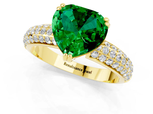 Yellow gold Heart Cut Emerald Solitaire Ring with Multi-Row Round Pavé Band and Prong Setting