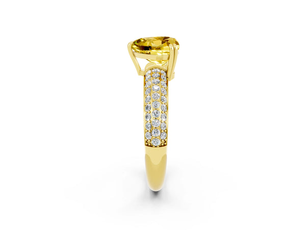 Yellow gold Heart Cut Yellow Sapphire Solitaire Ring with Multi-Row Round Pavé Band and Prong Setting