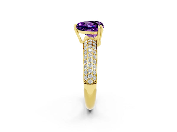 Yellow gold Heart Cut Amethyst Solitaire Ring with Multi-Row Round Pavé Band and Prong Setting