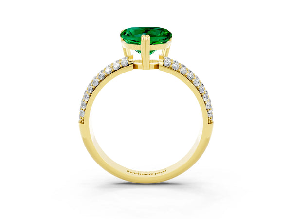Yellow gold Heart Cut Emerald Solitaire Ring with Multi-Row Round Pavé Band and Prong Setting