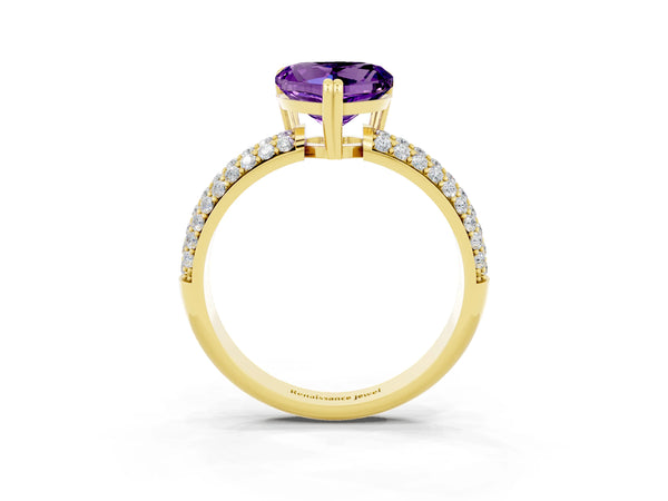 Yellow gold Heart Cut Amethyst Solitaire Ring with Multi-Row Round Pavé Band and Prong Setting