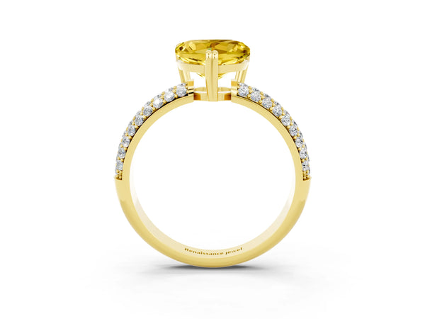 Yellow gold Heart Cut Yellow Sapphire Solitaire Ring with Multi-Row Round Pavé Band and Prong Setting