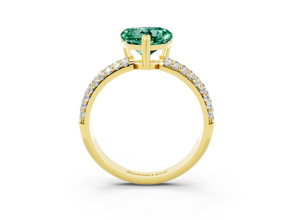 Yellow gold Heart Cut Green Sapphire Solitaire Ring with Multi-Row Round Pavé Band and Prong Setting