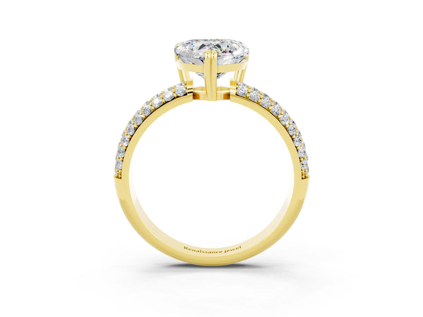 Yellow gold Heart Cut Moissanite Solitaire Ring with Multi-Row Round Pavé Band and Prong Setting