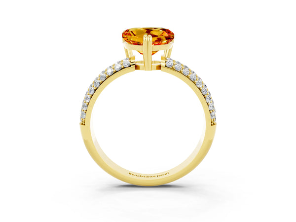 Yellow gold Heart Cut Citrine Solitaire Ring with Multi-Row Round Pavé Band and Prong Setting