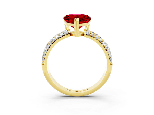 Yellow gold Heart Cut Cut Pave Diamond Engagement Ring with Channel Set Band and Four-Prong Setting