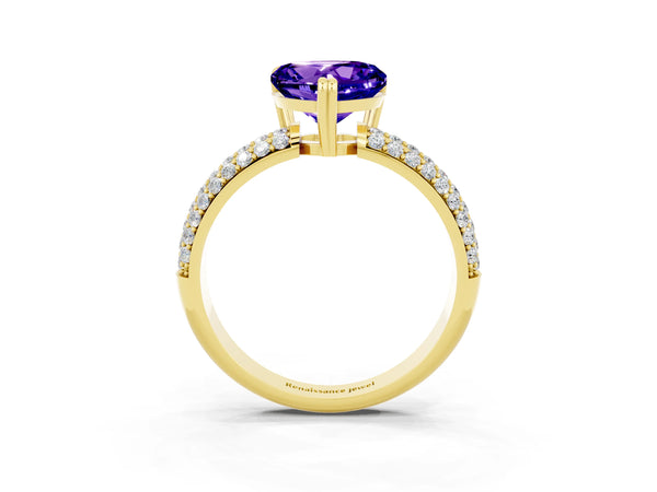 Yellow gold Heart Cut Tanzanite Solitaire Ring with Multi-Row Round Pavé Band and Prong Setting