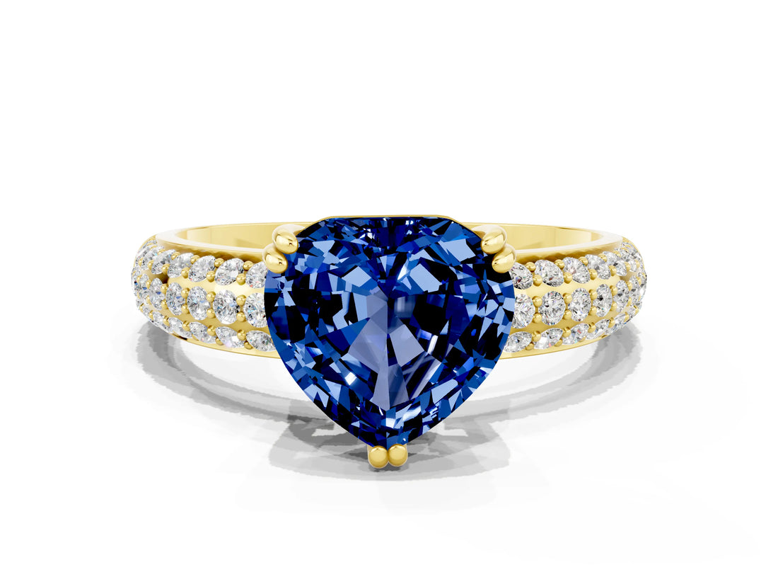 Yellow gold Heart Cut Cut Pave Diamond Engagement Ring with Channel Set Band and Four-Prong Setting