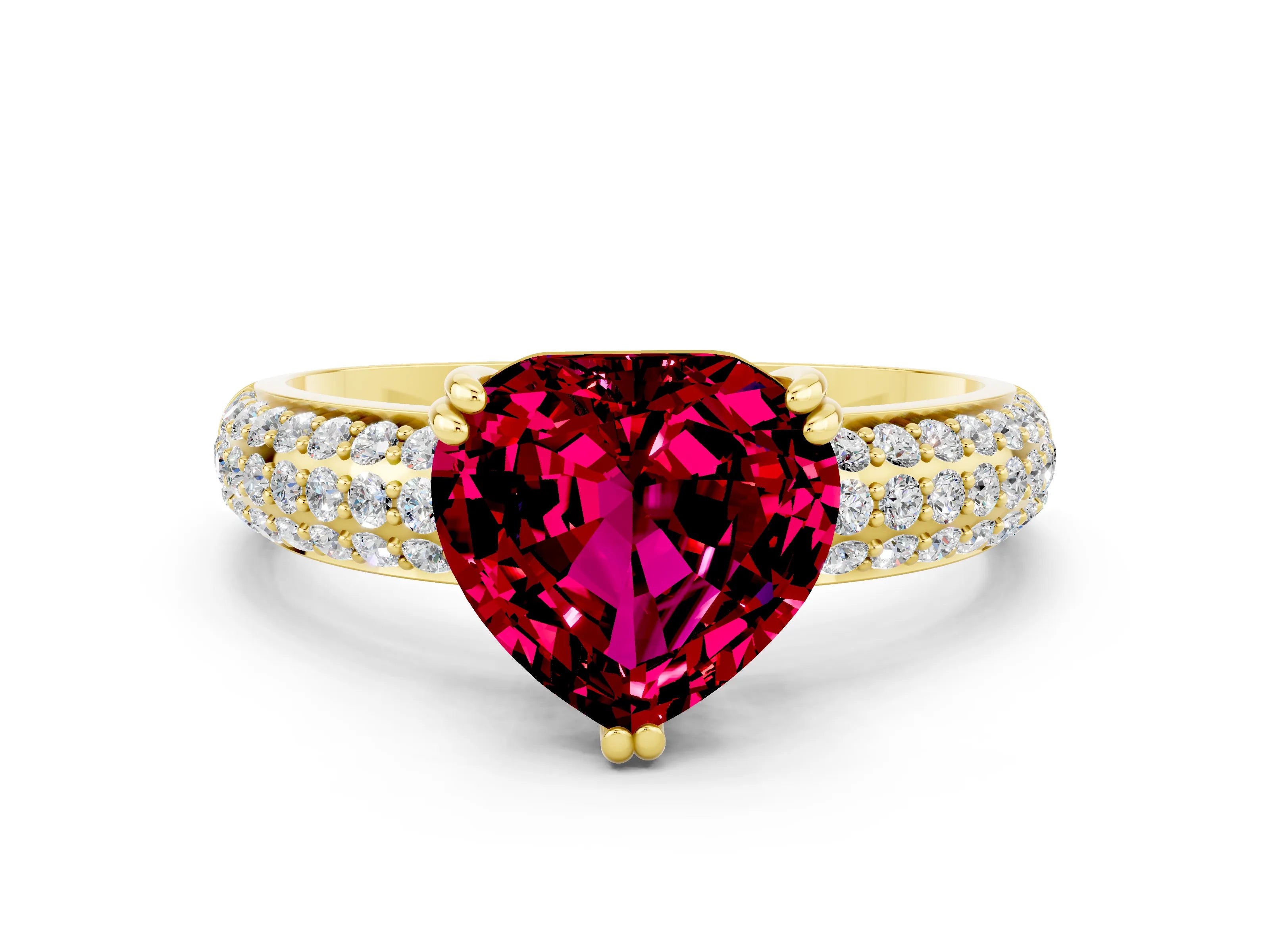 Yellow gold Heart Cut Cut Pave Diamond Engagement Ring with Channel Set Band and Four-Prong Setting