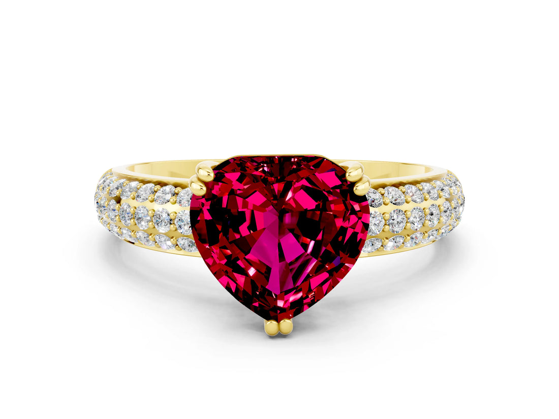 Yellow gold Heart Cut Cut Pave Diamond Engagement Ring with Channel Set Band and Four-Prong Setting