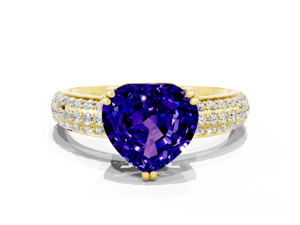 Yellow gold Heart Cut Tanzanite Solitaire Ring with Multi-Row Round Pavé Band and Prong Setting
