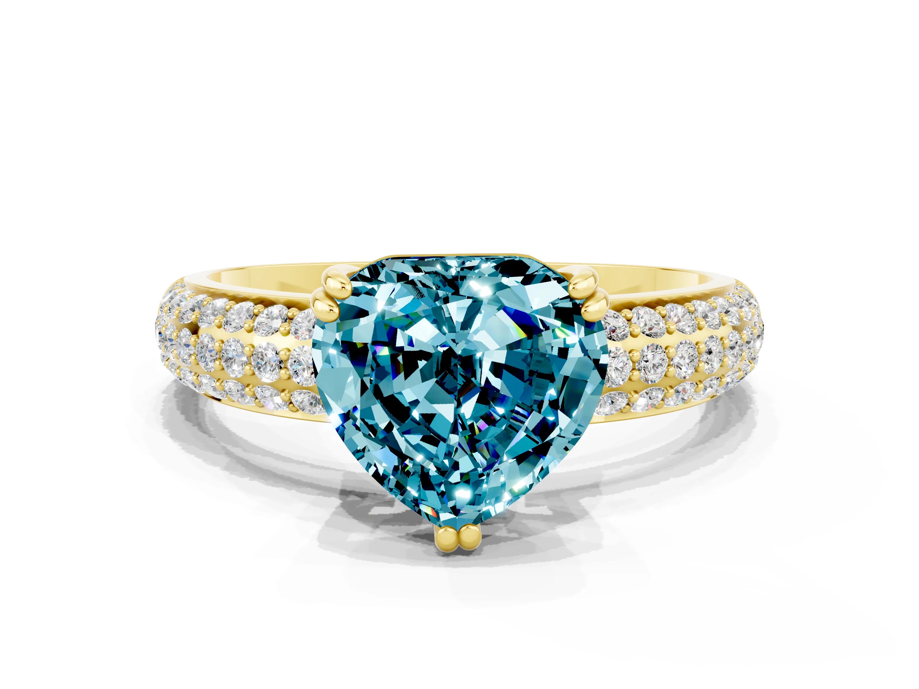 Yellow gold Heart Cut Cut Pave Diamond Engagement Ring with Channel Set Band and Four-Prong Setting