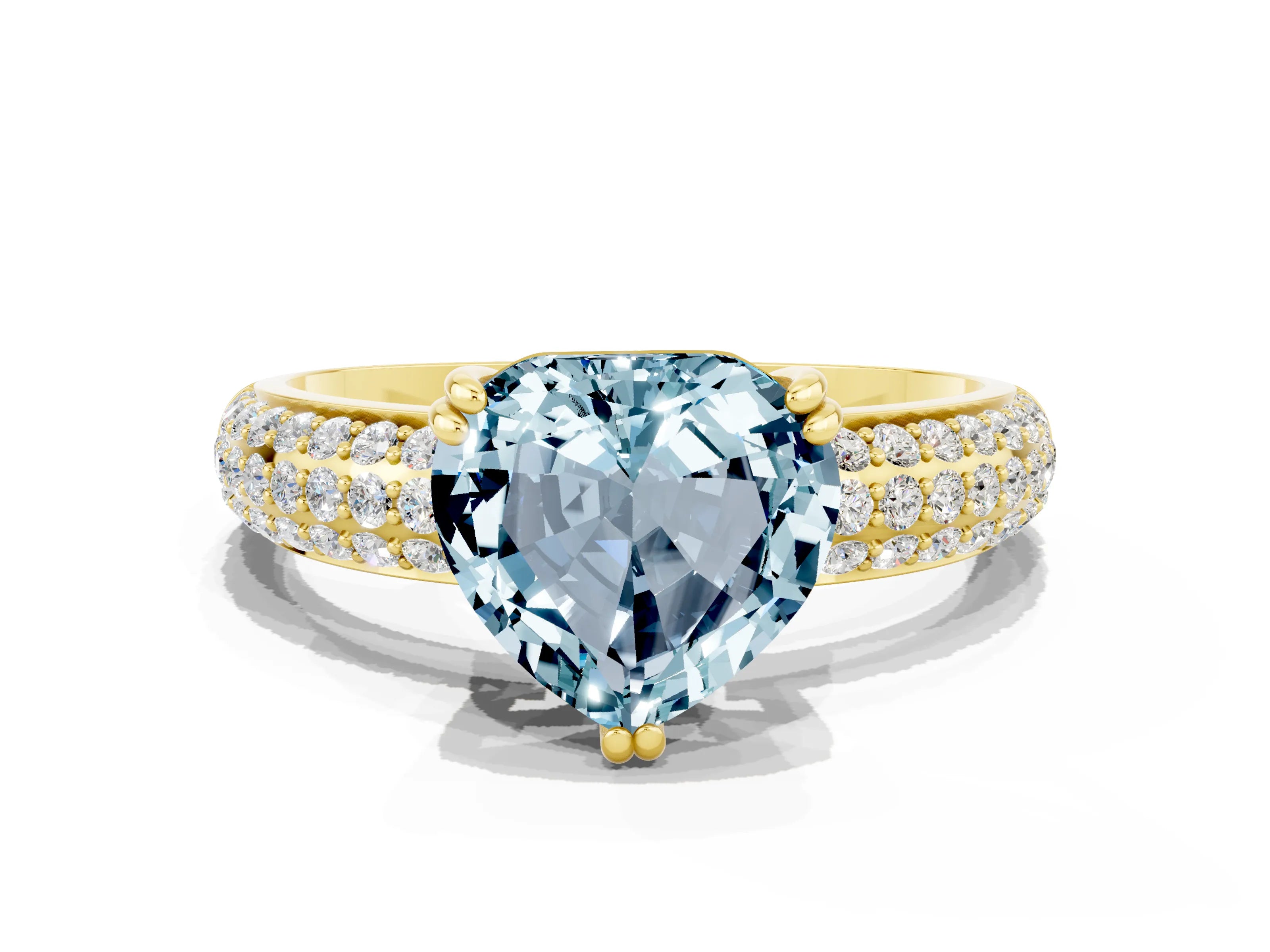 Yellow gold Heart Cut Cut Pave Diamond Engagement Ring with Channel Set Band and Four-Prong Setting