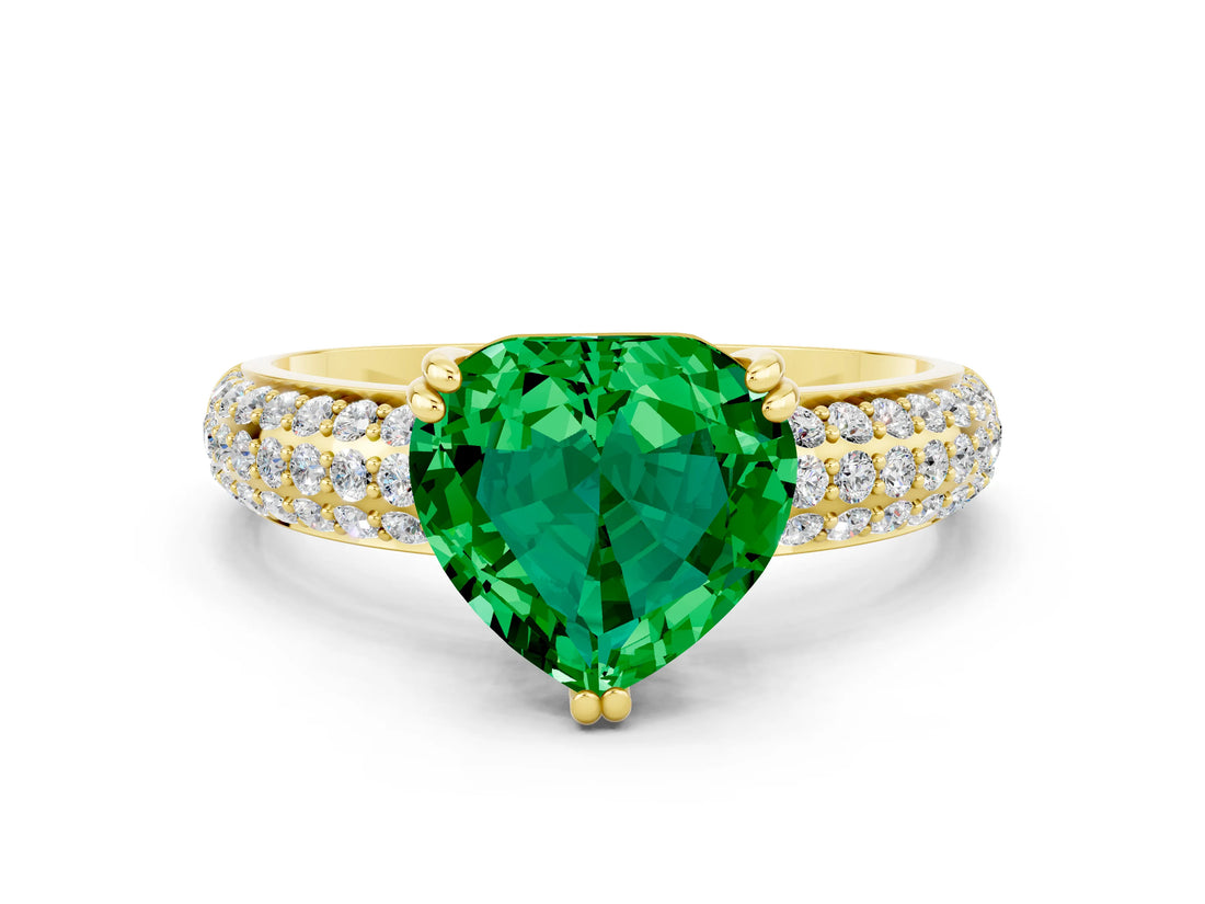 Yellow gold Heart Cut Cut Pave Diamond Engagement Ring with Channel Set Band and Four-Prong Setting