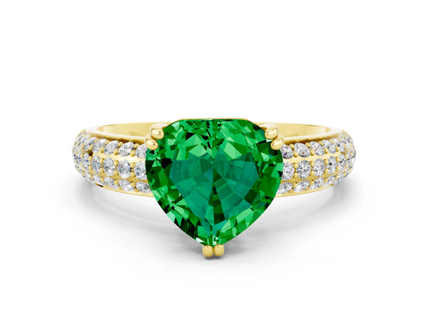 Yellow gold Heart Cut Emerald Solitaire Ring with Multi-Row Round Pavé Band and Prong Setting