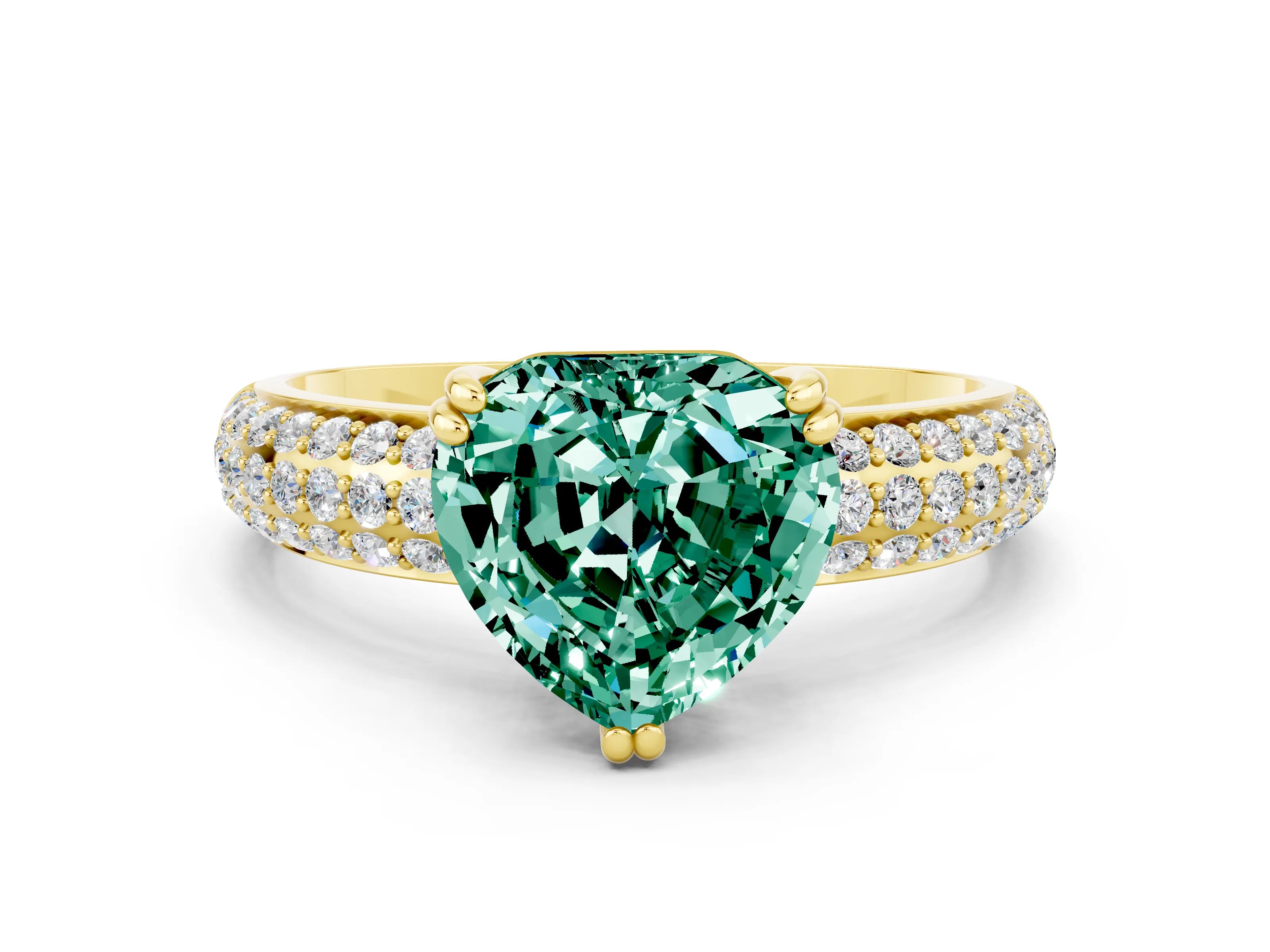 Yellow gold Heart Cut Cut Pave Diamond Engagement Ring with Channel Set Band and Four-Prong Setting