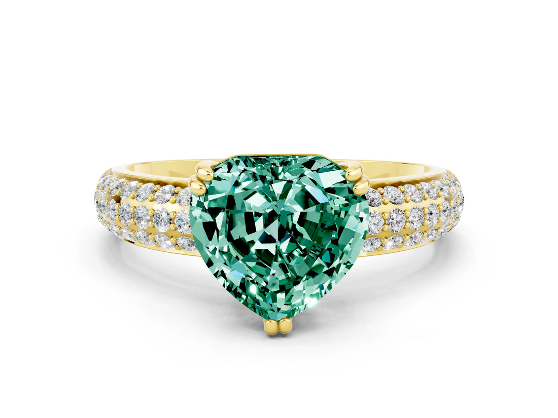 Yellow gold Heart Cut Cut Pave Diamond Engagement Ring with Channel Set Band and Four-Prong Setting