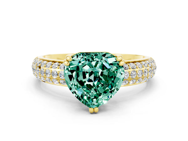 Yellow gold Heart Cut Green Sapphire Solitaire Ring with Multi-Row Round Pavé Band and Prong Setting
