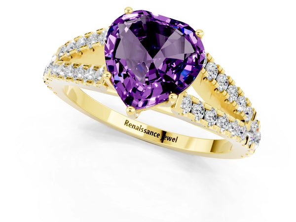 Yellow gold Heart Cut Amethyst Split Shank Engagement Ring with Round Pavé and Prong Setting