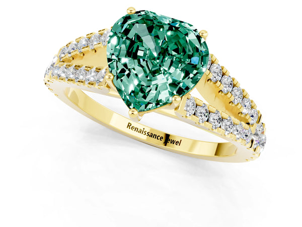 Yellow gold Heart Cut Green Sapphire Split Shank Engagement Ring with Round Pavé and Prong Setting