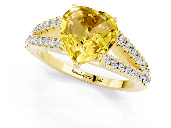 Yellow gold Heart Cut Yellow Sapphire Split Shank Engagement Ring with Round Pavé and Prong Setting