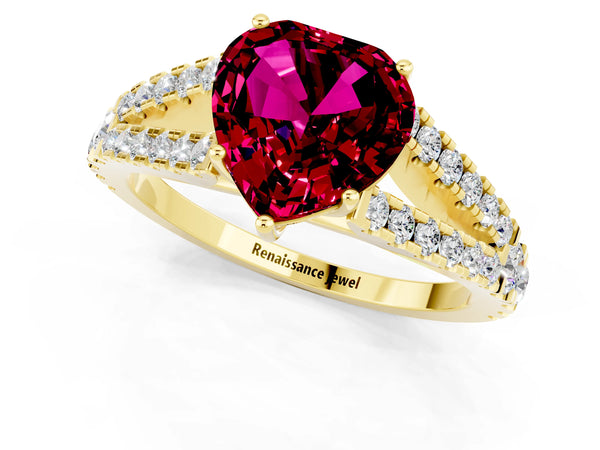 Yellow gold Heart Cut Garnet Split Shank Engagement Ring with Round Pavé and Prong Setting